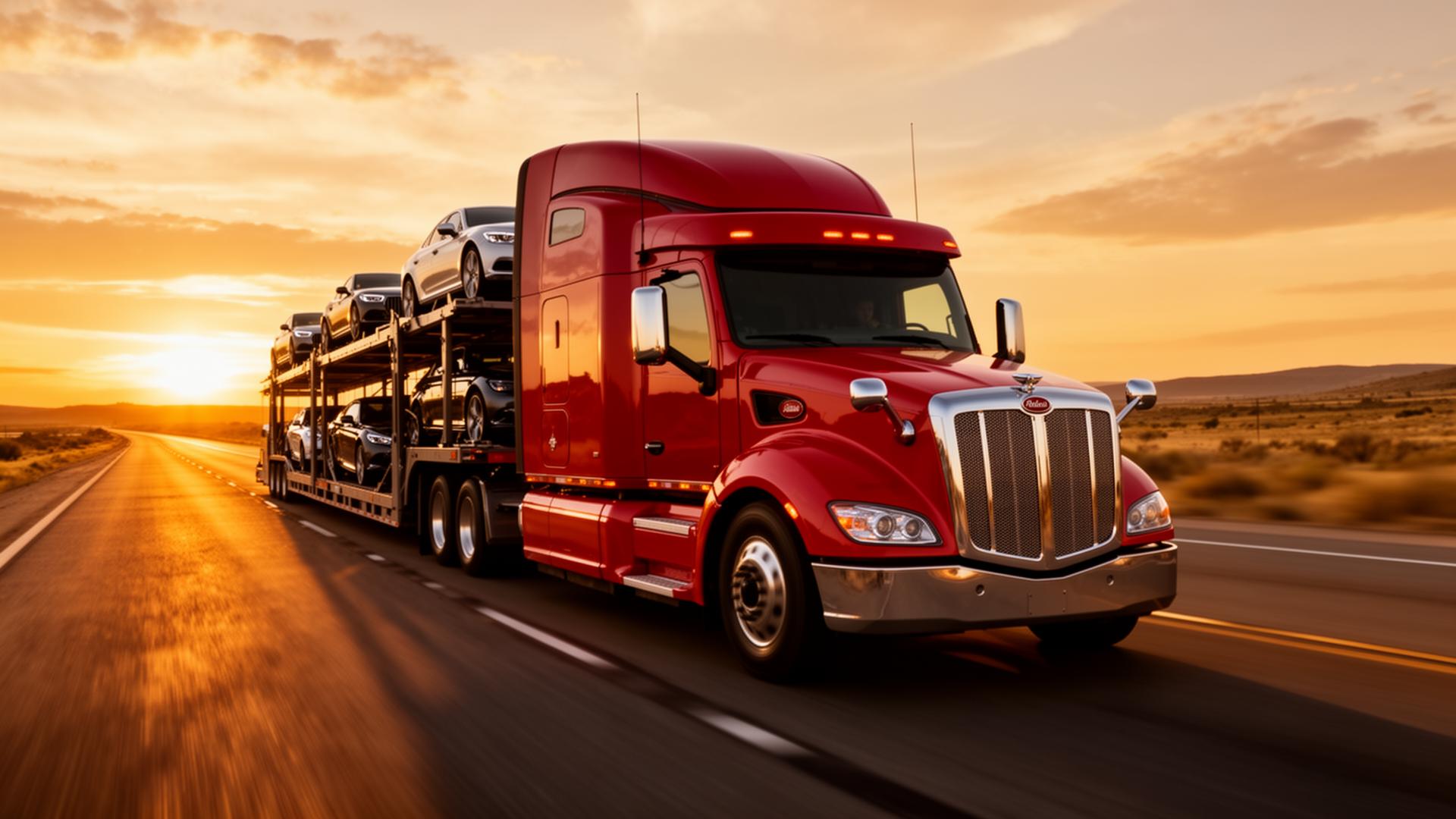 Red semi truck hauling cars on highway